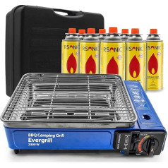 Evergrill Camping Gas Barbecue with 8 Gas Cartridges (MSF-1A) and Transport Case, Camping Grill, Gas Barbeque, Table Grill, Butane Gas, Travel Grill, Festival Gas Stove