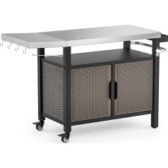 Onlyfire Barbecue Table, Grill Trolley with Large Work Surface, Serving Trolley with Wheels, Grill Side Table with Folding Side Shelves, Stainless Steel Table Top, BBQ Side Trolley, 143.5 x 56 x 91 cm