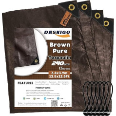 DASKIGO 4m x 4m Heavy Duty Tarpaulin 240gsm Brown Extra Reinforced Waterproof 6 Pack Bungee Balls