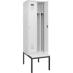 kaiserkraft | Spind Evolo Plus mit Trennwand mittig und Sitzbank | 2 Abteile | Trennwand mittig | weiß | B 600 mm | Zylinderschloss | mit untergebauter Sitzbank | Kunststoff