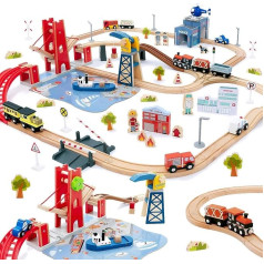 Giant bean Wooden Train Set, 117 Pieces City Train Set for Children, Expandable Wooden Train Set, Toddler Toy, Gift for Boys and Girls from 3 Years