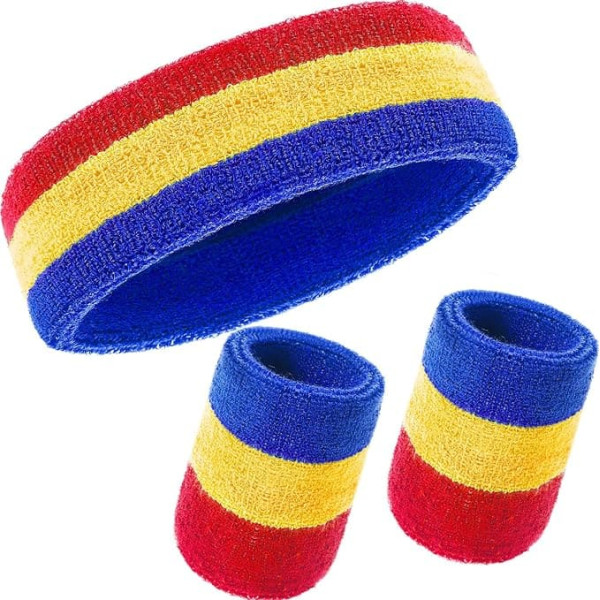 3 Piece Sweatband Set, incl. Sports Headband and Wrist Sweatbands, Cotton Striped Sweatband for Athletic Men and Women