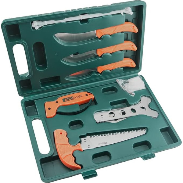 AccuSharp 9 Piece Hunting Knife Set with Case - Includes Butcher Knife, Caper Knife, Hook Knife, Bone Saw, Rib Spreader, Gloves and Knife Sharpener - for Fishing, Hiking and Camping