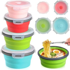 Suclain Camping Bowl with Lid, Collapsible Silicone Bowl, Lunch Box, Salad Bowl, Expandable Food Storage Containers, Set, Collapsible Travel Bowl for Hiking Warmth, Red, Pink, Blue