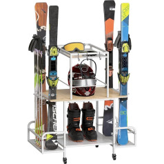WYJREES Ski Storage Stand, Ski Rack for Garage, 3 Tier Freestanding Snowboard Stand for 4 Pairs of Skis, 8 Ski Poles, Ski Boots, Glasses, Helmet, Gloves, Floor Stand, Ski Holder for Home and