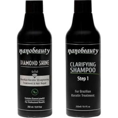 Nanobeauty Brazilian Keratin Hair Straightening Treatment Kit, Diamond Infused, 250 ml, Vegan, Blow Dry, Smoothing/Repair, Argan Oil, Formaldehyde Free Plus 250 ml Shampoo