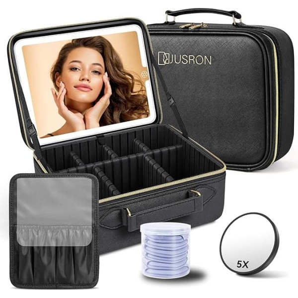 Travel Makeup Bag with LED Mirror, Portable Cosmetic Organizer with Adjustable Dividers, matt black