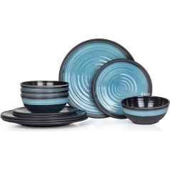 Camping Tableware Made of Melamine for 4 People, 12 Pieces, Dishwasher Safe, Picnic Crockery Set, Crockery Camping Tableware, Stone Blue Design