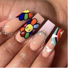 Coffin False Nails Sun Flower Rhinestone Press on Nails Long Fake Nails Rainbow Stick on Nails 24pcs for Women and Girls，With solid glue, nail lamp