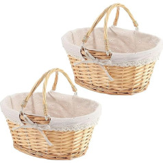 ZOENHOU Pack of 2 Wicker Picnic Baskets, Handwoven, 33 x 23 x 12 cm, Wicker Basket, Picnic Basket, with Folding Handle, Gift Basket for Fruit, Sweets, Wine, Egg Collection, Wedding