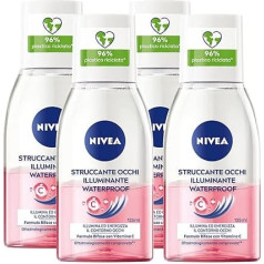 Nivea Waterproof Eye Makeup Remover with Cleansing and Energy Effect, Vegan Formula Biphase with Vitamin C for Contours, Sensitive Eyes and Skin, 4 Bottles of 125 ml