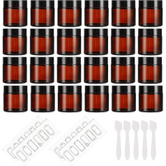 24 Pack Amber Jars with Black Lids Round Empty Containers for Scrubs, Lotions, Cosmetics and Ointments, Travel Storage Jars with White Inner Inserts, Labels and Spatulas