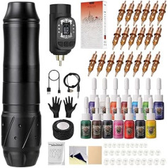 HAWINK EM155TI201EN02-1 Tattoo Machine Set with 1600 mAh Battery 20 Pieces Tattoo Needles 14 Tattoo Colour Complete Tattoo Accessories
