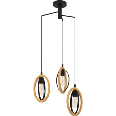 EGLO Basildon Pendant Light, 3-Bulb Pendant Lamp, Vintage, Industrial, Retro, Pendant Light Made of Steel and Wood in Black, Natural, Dining Table Lamp, Living Room Lamp, Hanging with E27 Socket,