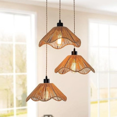 JIINOO Rattan Pendant Light, 3 Lights, Boho Hanging Light, Farmhouse Pendant Light, Height Adjustable, Vintage Rattan Lamp for Dining Room, Kitchen, Foyer