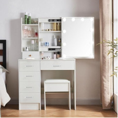 Saimeihome Dressing Table with Lighting, Dressing Table with Mirror in 3 Colour Lights, Cosmetic Table with 6 Drawers, 6 Shelves and Stool for Bedroom, Children's Room, 80 x 36 x 130 cm SA7D3