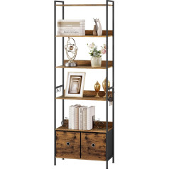 Woltu RGB62vbn Standing Shelf, Bookcase with 5 Shelves, 2 Drawers, Standing Shelf for Living Room, Kitchen, Study, Bedroom, with Metal Frame, 63 x 187 x 30 cm, Rustic Brown + Black