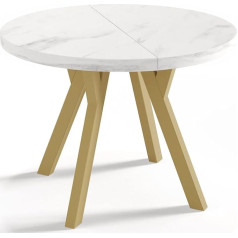 Wfl Group Designer Round Extendable Dining Table - Loft Style, Industrial, Space Saving - Golden Legs - 100 to 150 cm - For 6-8 People - Made in EU - White Marble - 150 cm