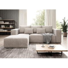 Easy4You Corner Sofa Cream Stripes L-Shape in Corduroy - 255 cm - Sofa Bed with Bedding Container and Sleep Function - Corner Couch with Storage Space - Left - Fabric Corduroy POSO 100