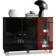 Vladon Denjo Sideboard, Made in Germany, Chest of Drawers with 3 Doors, Matte Black / High Gloss Black / Bordeaux High Gloss (107 x 81 x 35 cm)