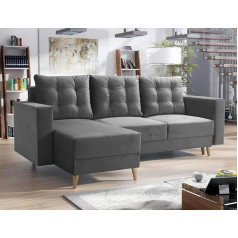Easy4You Bergen Corner Sofa Grey L-Shape - 235 x 90 x 145 cm - Sofa Bed with Bed Box and Sleep Function - Corner Couch with Storage Space and Wooden Feet, Cushion - Paros 06 Fabric