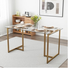 Wood-It Glass Dining Table 120cm Modern Rectangular Dining Table for 4-6 People with Clear Tempered Glass Top and Gold Steel Legs for Home, Office, Kitchen, Dining Room