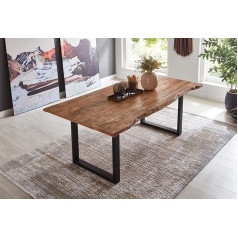 SAM Dora Dining Table 160 x 85 cm, Solid Mango Wood, Varnished and Natural-Coloured, Wane Table with U-Metal Frame in Matte Black, Real Wane, 26 mm