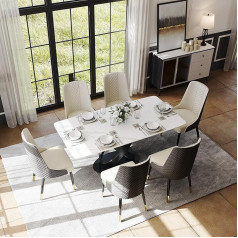 Povison Modern White Rectangular Dining Table for 6 People, Marble Look, Matte Sintered Stone Top, Black Frame, Easy Installation, 180 x 90 x 75 cm (without Chairs)