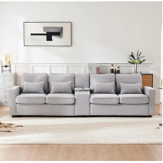 Moimhear Modern 4 Seater Linen Fabric Sofa with Console, 2 Cup Holders, 2 USB Ports for Charging with Wired Armrest Pockets and 4 Cushions, Simple Sofa (Grey)