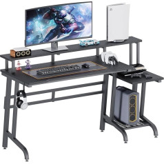 Heeyue Gaming Desk, Computer Desk with Large Monitor Stand, Curved Line, PC Latop Table with CPU Stand and Printer Stand, Headphone Hook, Gamer Workstation for Home Office