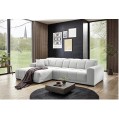 Möbelando Puppet Living Room Landscape in Cream, Ottoman Left, Electric Seat Depth Adjustment, Metal Feet, Black Nosage Subsuspension, Polyether Foam, Includes 2 Decorative Cushions, 301 x 81 - 113 x