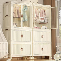 Heikoeco ® Children's Wardrobe with Sturdy Clothes Rail, Foldable and Freely Combinable Wardrobe White on Wheels, Small Wardrobe Made of High-Quality PP (56 x 34 x 126.5 cm)