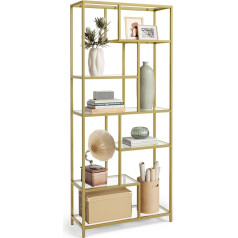 Vasagle Bookcase with 6 Shelves, Standing Shelf, Tempered Glass Shelves, 30 x 80 x 180 cm, for Study, Office, Living Room, Bedroom, Kitchen, Metallic Gold Transparent LGT502A01
