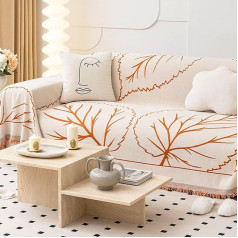 Mesnt Sofa Cover Without Armrests 3-Seater Orange Washable Sofa Protection Cover Protective Cover Couch with Leaf Pattern with Chenille Fringes 180 x 340 cm