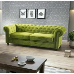 Easy4You Chesterfield Light Green Plush Velvet 3-Seater Sofa 225 x 74 x 88 cm Sofas for Living Room Sofa Sets with Wooden Feet Set Sofas & Couches