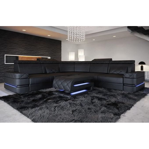 Sofa Dreams Positano Leather Sofa in L-Shaped as Corner Sofa with LED Lighting Couch with Headrests Modern Sofa (Black)
