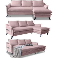 Miuform Corner Sofa with Sleep Function and Bed Box, Charming Charlie Living Landscape with Sleep Function, Couch Sofa Bed, Living Room, Guest Room, Wooden Feet, Boho Style (Powder Pink, Right