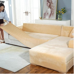 Sofa Slipcover U-Shape Corner Sofa Couch Cover, Thicker Velvet Sofa Cover L Shape Left Right, Set of 2 Chaise Longue Sofa Cover for Living Room, Sofa Throws for Dogs Pets, Beige-2 Seats:145-185 cm