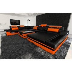 Sofa Dreams XXL Sofa Living Landscape Mezzo Leather with LED Lighting, Adjustable Headrests, Chaise Longue / Choice of Leather Colours / Orientation Ottoman Available (Ottoman Right, Black/Orange)