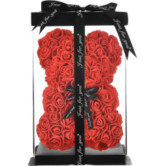 NWSX Rose Flower Bear, Handmade Teddy Bear, Best Artificial Decoration Gifts for Mother's Day, Valentine's Day, Bride, Weddings, The Perfect Party Clear Gift Box, 25 cm, Red