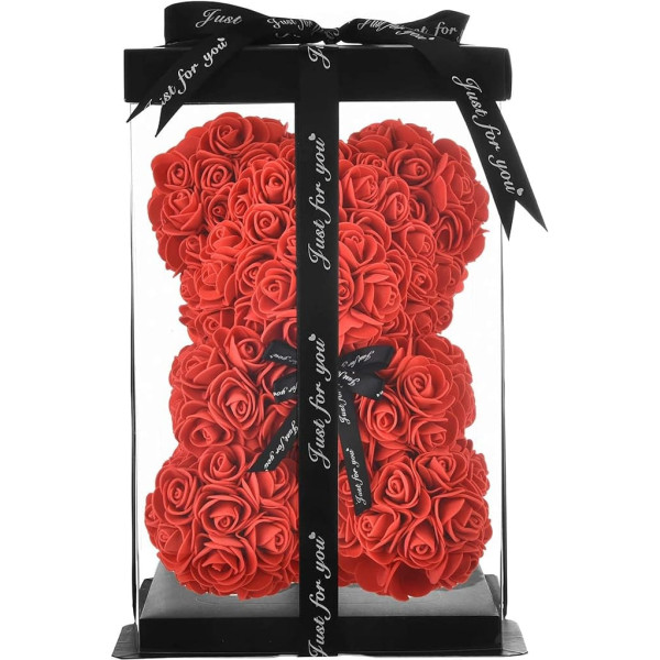 NWSX Rose Flower Bear, Handmade Teddy Bear, Best Artificial Decoration Gifts for Mother's Day, Valentine's Day, Bride, Weddings, The Perfect Party Clear Gift Box, 25 cm, Red