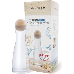 Zirben Familie - Water Carafe with Pine Ball • 1 Litre Set with Flower of Life Engraving • Crystal Glass Carafe and Wooden Ball Made of Fine Pine Wood