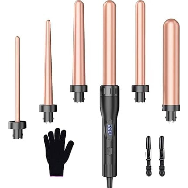 Curling Iron Large and Small Curls Set with Adjustable Temperature - 6 in 1 with Various Attachments Antistatic Ceramic Tourmaline Coating Wave Iron for Beach Waves