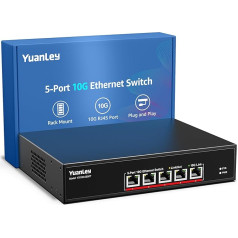 YuanLey 5 Port 10G Ethernet Switch, 5 x 10Gbps RJ45 Ports, Supports 10G/5G/2.5G/1G/100M Speed Auto-Negotiation, 100Gbps Switching Capacity, Unmanaged Switch Rack Mountable, Plug and Play