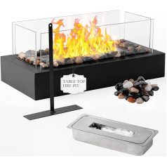 Table Fire Pit - Stylish Bioethanol Fireplace with 4 Windproof Glass Panels for Indoor and Outdoor Use - Table Fire Bowl for Patios, Balconies, Camping and Indoor Events -