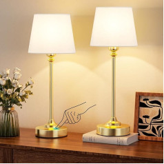 PreeOtti Wireless Table Lamp, Set of 2, Touch LED Bedside Lamp Battery, Continuously Dimmable, White Linen Shade, Neither Rechargeable Lamp with USB-C Connection for Bedside Table, Dining Room, Living