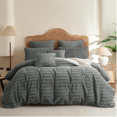 Covebett Bed Linen Winter Plush 135 x 200 cm 4-Piece Grey Striped Flannel Warm Soft Cashmere Touch Winter Bed Linen 2 Fluffy Fleece Duvet Covers with Zip and 2 Pillowcases 80 x 80 cm