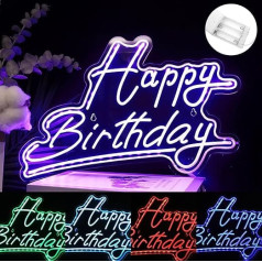 7 Colours Happy Birthday Neon Sign, Battery Operated, USB Powered Neon Lights for Wall Decoration, Adjustable Brightness, Happy Birthday Sign (38 x 24 cm)
