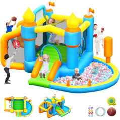 SportBob Bouncy Castle with Blower, Bouncy Castles for Children, Outdoor, Indoor with Slide, Ball Pit, Jumping, Football Field and Basketball Hoop, Suitable for 3-8 Years Old Children, 385 x 258 x 220