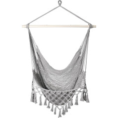 Handwoven Cotton Rope Hammock Chair with Metal Spreader Bar, Boho Hanging Chair Bedroom, Indoor Outdoor Swing Chair with Tassle, MistyMorning Grey